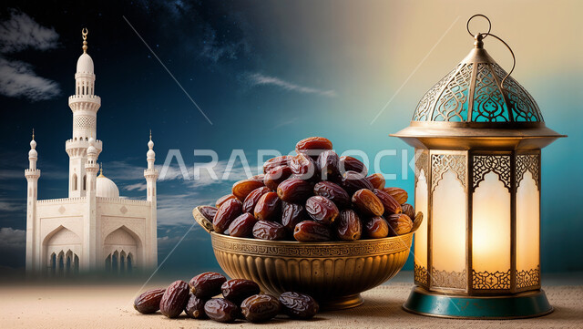 تحف واكسسوارت متميزة, ضيافة رمضانية شهية, ديكورات وزينة رمضان المبارك, الأجواء الروحانية والاحتفال بالمناسبات والأعياد الدينية الاسلامية، فانوس معدني تقليدي مضيء مع طبق من التمر, خلفية مسجد اسلامي