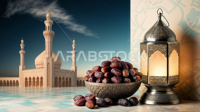 Distinctive antiques and accessories, delicious Ramadan hospitality, decorations and decorations for the blessed Ramadan, spiritual atmosphere and celebration of Islamic religious occasions and holidays, a traditional metal lantern with a lighted plate of dates, an Islamic mosque background.