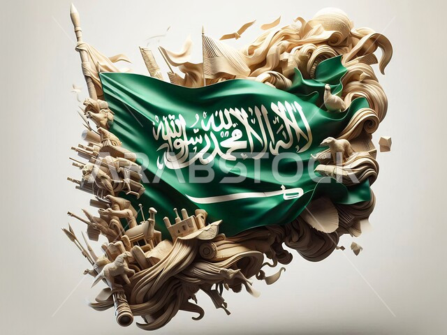 الاحتفال بذكرى العيد الوطني 23 سبتمبر، راية التوحيد وسيف القوة، احياء ذكرى يوم العلم 11 مارس، علم المملكة العربية السعودية الاخضر المرفرف، المناسبات والاعياد الوطنية، مفهوم حب الوطن والانتماء إليه, خلفية بيضاء