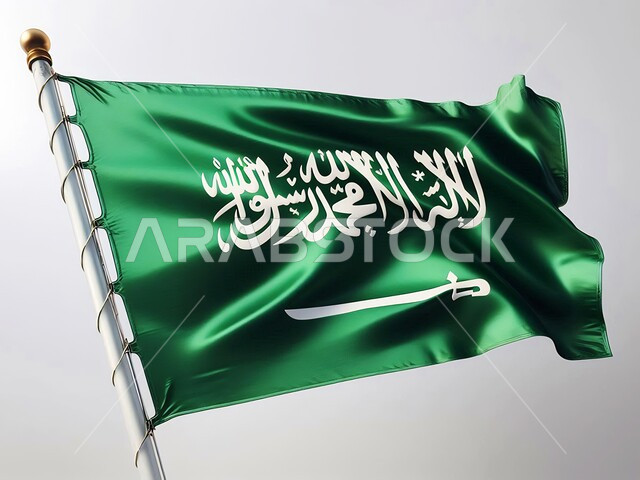 The banner of monotheism and the sword of power, celebration of the National Day of September 23, commemoration of the Flag Day of March 11, the flying green flag of the Kingdom of Saudi Arabia, national occasions and holidays, the concept of love for the homeland and belonging to it, white background