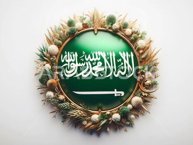 The banner of monotheism and the sword of power, celebration of the National Day of September 23, commemoration of the Flag Day of March 11, the flying green flag of the Kingdom of Saudi Arabia, national occasions and holidays, the concept of love for the homeland and belonging to it, white background