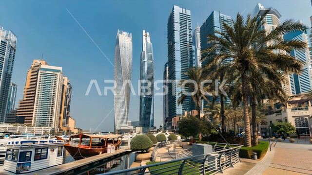 Modern architecture, growth and urban development of buildings and facilities in the United Arab Emirates, towers and skyscrapers in the daytime, famous landmarks and tourist areas in Dubai, a destination to attract tourists