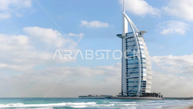 برج العرب في امارة دبي وقت النهار، الفن الهندسي المعماري للأبراج وناطحات السحاب، جذب واستقطاب السياح من انحاء العالم الى الامارات العربية المتحدة، النمو والتطور العمراني على ساحل الخليج العربي