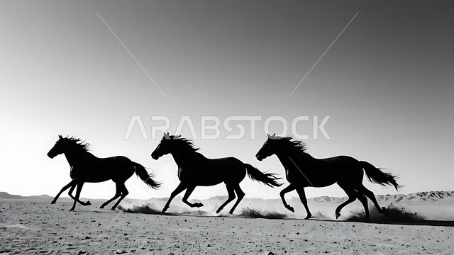 Taming and training the purebred Arabian horse, the love and passion of equestrianism, a natural reserve for breeding horses in the Kingdom of Saudi Arabia, a black and white silhouette of horses in the stable