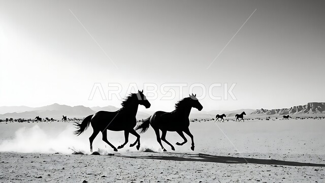 ترويض وتدريب الفرس العربي الاصيل، حب وشغف الفروسية، محمية طبيعية لتربية الخيول في المملكة العربية السعودية، صورة ظلية بالابيض والاسود لاحصنة في الاسطبل