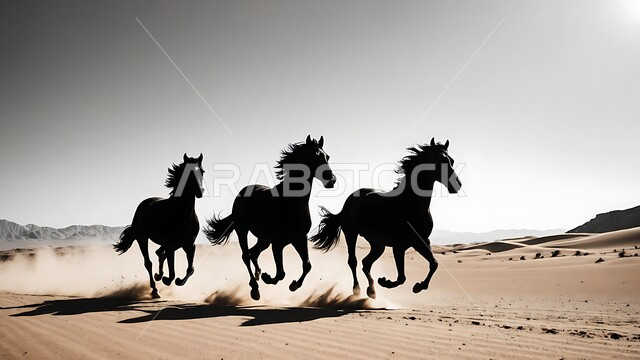 ترويض وتدريب الفرس العربي الاصيل، حب وشغف الفروسية، محمية طبيعية لتربية الخيول في المملكة العربية السعودية، صورة ظلية بالابيض والاسود لاحصنة في الاسطبل