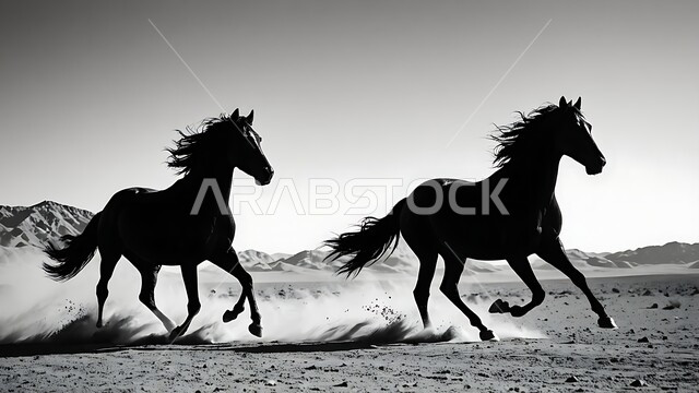 ترويض وتدريب الفرس العربي الاصيل، حب وشغف الفروسية، محمية طبيعية لتربية الخيول في المملكة العربية السعودية، صورة ظلية بالابيض والاسود لاحصنة في الاسطبل