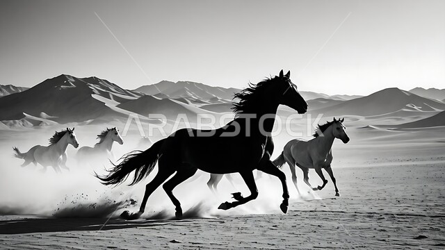 Taming and training the purebred Arabian horse, the love and passion of equestrianism, a natural reserve for breeding horses in the Kingdom of Saudi Arabia, a black and white silhouette of horses in the stable