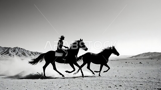 Taming and training the purebred Arabian horse, the love and passion of equestrianism, a natural reserve for breeding horses in the Kingdom of Saudi Arabia, a black and white silhouette of horses in the stable