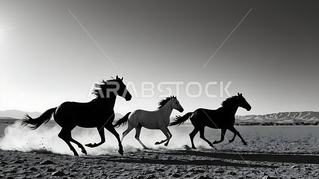 ترويض وتدريب الفرس العربي الاصيل، حب وشغف الفروسية، محمية طبيعية لتربية الخيول في المملكة العربية السعودية، صورة ظلية بالابيض والاسود لاحصنة في الاسطبل