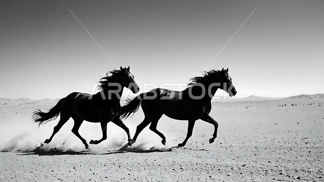 Taming and training the purebred Arabian horse, the love and passion of equestrianism, a natural reserve for breeding horses in the Kingdom of Saudi Arabia, a black and white silhouette of horses in the stable