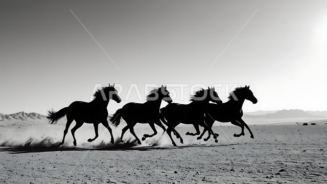 ترويض وتدريب الفرس العربي الاصيل، حب وشغف الفروسية، محمية طبيعية لتربية الخيول في المملكة العربية السعودية، صورة ظلية بالابيض والاسود لاحصنة في الاسطبل