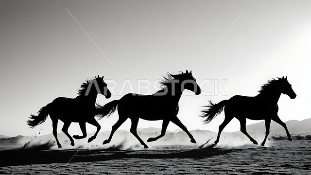 ترويض وتدريب الفرس العربي الاصيل، حب وشغف الفروسية، محمية طبيعية لتربية الخيول في المملكة العربية السعودية، صورة ظلية بالابيض والاسود لاحصنة في الاسطبل