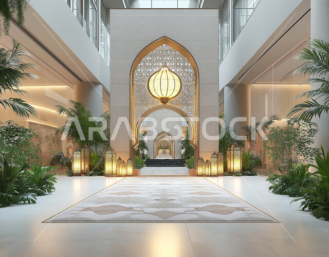Interior decorations for malls and closed markets in Saudi Arabia, Islamic designs in a mall with distinctive Arabic lanterns and decorations, designs with large glass ceilings, harmonious distribution of buying and selling stores, lighting and luxury accessories.