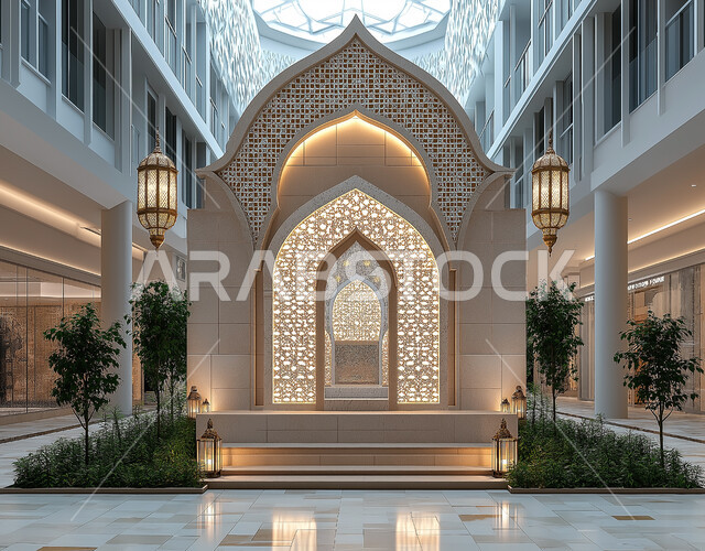 Interior decorations for malls and closed markets in Saudi Arabia, Islamic designs in a mall with distinctive Arabic lanterns and decorations, designs with large glass ceilings, harmonious distribution of buying and selling stores, lighting and luxury accessories.