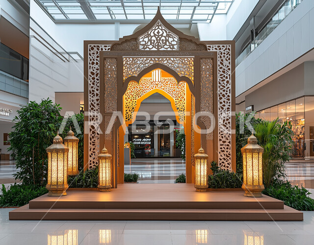 Interior decorations for malls and closed markets in Saudi Arabia, Islamic designs in a mall with distinctive Arabic lanterns and decorations, designs with large glass ceilings, harmonious distribution of buying and selling stores, lighting and luxury accessories.