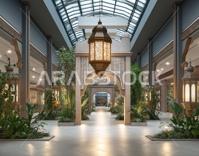 Interior decorations for malls and closed markets in Saudi Arabia, Islamic designs in a mall with distinctive Arabic lanterns and decorations, designs with large glass ceilings, harmonious distribution of buying and selling stores, lighting and luxury accessories.