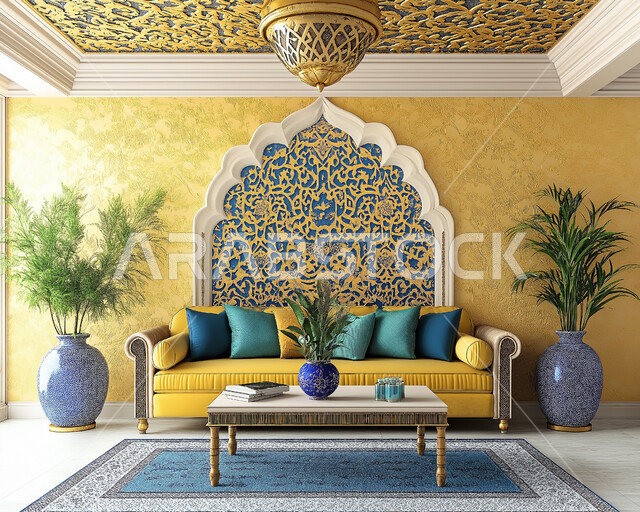 الديكورات الداخلية الراقية للفلل والشقق السكنية الحديثة في المملكة العربية السعودية، التصاميم الداخلية المميزة لغرف المعيشة، غرفة جلوس مع أثاث منزلي فاخر على الطراز الكلاسيكي العربي، اكسسوارات وتحف عصرية