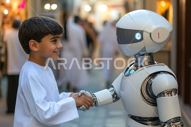 الابتكار والعلوم وتكنولوجيا الذكاء الاصطناعي، التطور التكنولوجي على كوكب الأرض، استبدال القوة العاملة البشرية بالروبوتات، طفل عربي خليجي اماراتي يرتدي الكندورة ويقف مع رجل آلي متطور ذكي, تحقيق الثورة الصناعية