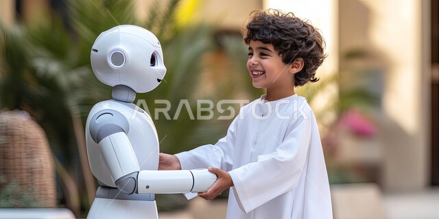 Innovation, science and artificial intelligence technology, technological development on planet Earth, replacing the human workforce with robots, an Arab Gulf Emirati child wearing a kandora and standing with an advanced intelligent robot, achieving the industrial revolution