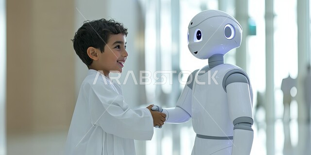 الابتكار والعلوم وتكنولوجيا الذكاء الاصطناعي، التطور التكنولوجي على كوكب الأرض، استبدال القوة العاملة البشرية بالروبوتات، طفل عربي خليجي اماراتي يرتدي الكندورة ويقف مع رجل آلي متطور ذكي, تحقيق الثورة الصناعية