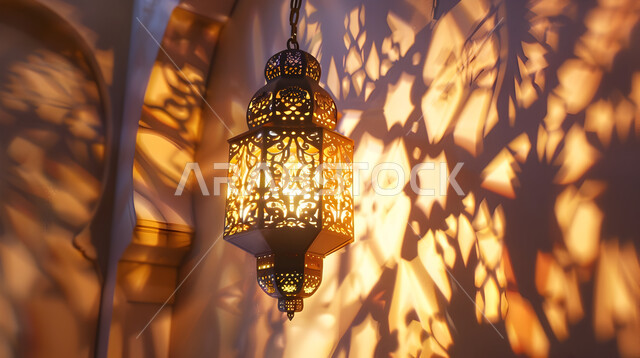 Lights, illumination and decorations for the month of goodness, Islamic geometric antiques and designs and decorations, traditional Arabic metal lamp, illuminated Ramadan lantern, Ramadan religious atmosphere
