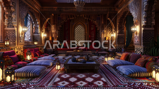 ديكورات أثرية عريقة في المملكة العربية السعودية, الديكور الداخلي للمجالس البدوية التقليدية الشعبية, التمسك بالعادات والتقاليد العربية الغنية بالثقافة القديمة, المنسوجات المطرزة المصنوعة بشكل يدوي, المفروشات والوسائد الملونة، التصميم التراثي السعودي، الفوانيس المعدنية المضيئة