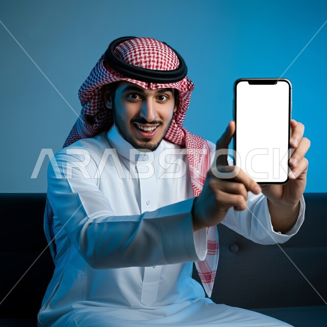 Looking at the camera with gestures of pleasure, using advanced technology for electronic digital marketing, displaying modern applications and services, a smiling young Saudi Arabian Gulf man wearing traditional thobe and shemagh displaying a blank white screen via mobile phone