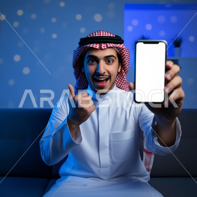 الاعجاب والرضا لتحقيق أمر معين، استخدام التكنولوجيا المتطورة، شاب عربي خليجي سعودي مبتسم يرتدي الثوب التقليدي والشماغ يجلس على اريكة مريحة يقوم بعرض شاشة بيضاء فارغة عبر الهاتف المحمول يرفع اصبع الابهام للاعلى بإيماءات المفاجأة و الدهشة
