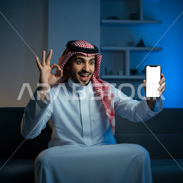 الاعجاب والرضا لتحقيق أمر معين، استخدام التكنولوجيا المتطورة، شاب عربي خليجي سعودي مبتسم يرتدي الثوب التقليدي والشماغ يجلس على اريكة مريحة يقوم بعرض شاشة بيضاء فارغة عبر الهاتف المحمول