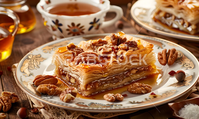 الحلويات العربية الشرقية، طبق من البقلاوة اللذيذة المزينة بالجوز، منتجات محلية وطنية، الأساليب الفنية في تقديم الطعام، مأكولات غنية بالسكريات والسعرات الحرارية