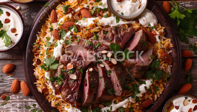طبق من أرز المندي و قطع لحم الضأن والخضار الطازجة، أطباق ووجبات عربية تقليدية شعبية، وصفات طعام من المطبخ السعودي، مطاعم للمأكولات العربية الشرقية, صحن من رز الكبسة بالتوابل، فنون تقديم الطعام