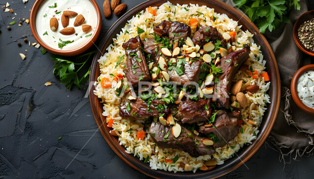 طبق من أرز المندي و قطع لحم الضأن والخضار الطازجة، أطباق ووجبات عربية تقليدية شعبية، وصفات طعام من المطبخ السعودي، مطاعم للمأكولات العربية الشرقية, صحن من رز الكبسة بالتوابل، فنون تقديم الطعام