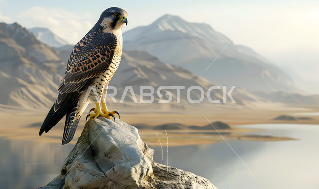 Pride in the ancient Saudi heritage, an illustration of a falcon bird in one of the natural reserves, visual acuity and a symbol of strength and challenge, training and taming birds of prey and predators, establishing a falconry club during the annual hunting season in the Kingdom of Saudi Arabia.