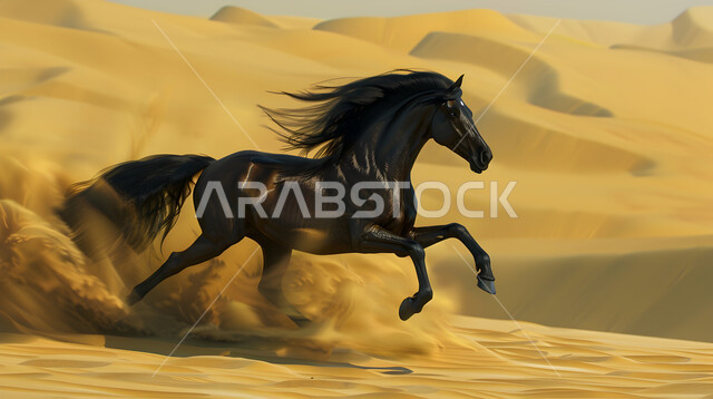 مزارع تربيه وتدريب الجياد, رسم ثلاثي الأبعاد لحصان عربي اسود أصيل في الصحراء بالمملكة العربيه السعوديه, الاهتمام بالثدييات ورعايتها, المحميات الطبيعية للحيوانات والخيول العربيه, خلفية الطبيعة 