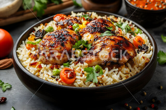 طبق من أرز المندي مع الدجاج المشوي والخضار الطازجة، مأكولات وأطباق عربية سعودية تقليدية، فنون تقديم الطعام في المطاعم الشرقية، صحن من رز الكبسة، وصفات الطعام الشعبية الشهية