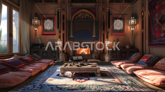 ديكورات أثرية عريقة في المملكة العربية السعودية, الديكور الداخلي للمجالس البدوية التقليدية الشعبية, التمسك بالعادات والتقاليد العربية الغنية بالثقافة القديمة, المنسوجات المطرزة المصنوعة بشكل يدوي, المفروشات والوسائد الملونة، التصميم التراثي السعودي، الفوانيس المعدنية المضيئة