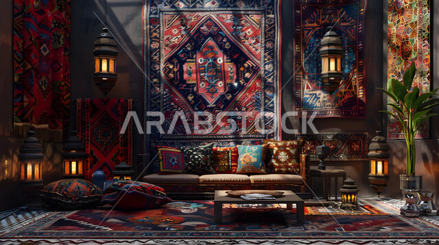 ديكورات أثرية عريقة في المملكة العربية السعودية, الديكور الداخلي للمجالس البدوية التقليدية الشعبية, التمسك بالعادات والتقاليد العربية الغنية بالثقافة القديمة, المنسوجات المطرزة المصنوعة بشكل يدوي, المفروشات والوسائد الملونة، التصميم التراثي السعودي، الفوانيس المعدنية المضيئة