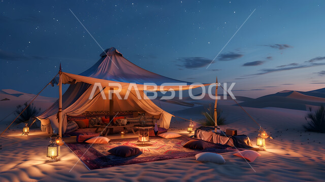خيمة بدوية شعبية مضاءة بالفوانيس المعدنية المعلقة، الأصالة والتراث والعراقة، الديكور الداخلي للمجالس التقليدية، حياة البدو في المملكة العربية السعودية، التصميم التراثي السعودي، أثاث ومقاعد منخفضة مع السجاد