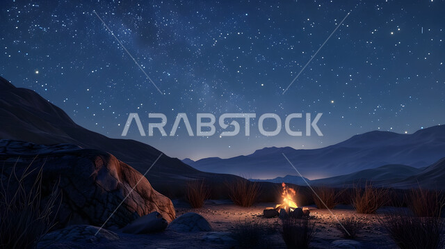 منظر السماء المليئة بالنجوم اللامعة المتلألأة  في وقت الليل, مفهوم التأمل والاسترخاء و الهدوء, مناطق البادية والبيئة الصحراوية في المملكة العربية السعودية, الرمال الذهبية الناعمة وسط الصحراء