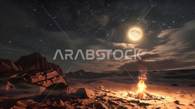 منظر السماء المليئة بالنجوم اللامعة المتلألأة  في وقت الليل, مفهوم التأمل والاسترخاء و الهدوء, مناطق البادية والبيئة الصحراوية في المملكة العربية السعودية, الرمال الذهبية الناعمة وسط الصحراء