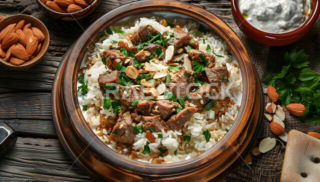 طبق من أرز المندي و قطع لحم الضأن والخضار الطازجة، أطباق ووجبات عربية تقليدية شعبية، وصفات طعام من المطبخ السعودي، مطاعم للمأكولات العربية الشرقية, صحن من رز الكبسة بالتوابل، فنون تقديم الطعام