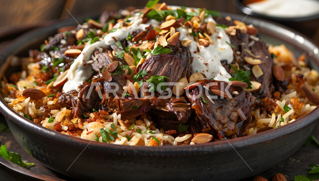 طبق من أرز المندي و قطع لحم الضأن والخضار الطازجة، أطباق ووجبات عربية تقليدية شعبية، وصفات طعام من المطبخ السعودي، مطاعم للمأكولات العربية الشرقية, صحن من رز الكبسة بالتوابل، فنون تقديم الطعام