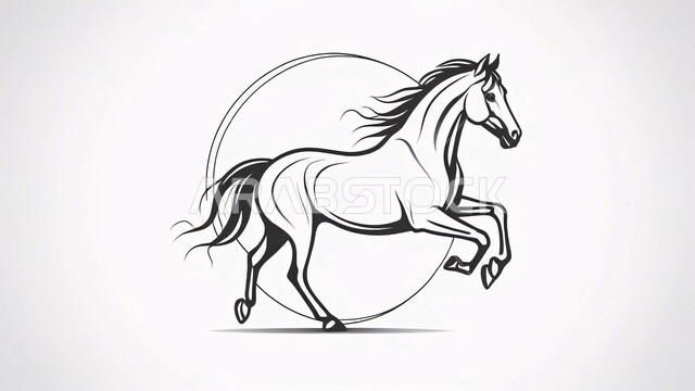 شغف الفروسية وركوب الخيل، رسم توضيحي بالأبيض والأسود لحصان عربي أصيل، مفهوم تربية وتدريب الأحصنة، اتباع تقاليد الاجداد في رعاية الخيول بالمملكة العربية السعودية, خلفية بيضاء