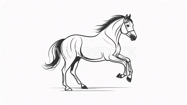 شغف الفروسية وركوب الخيل، رسم توضيحي بالأبيض والأسود لحصان عربي أصيل، مفهوم تربية وتدريب الأحصنة، اتباع تقاليد الاجداد في رعاية الخيول بالمملكة العربية السعودية, خلفية بيضاء