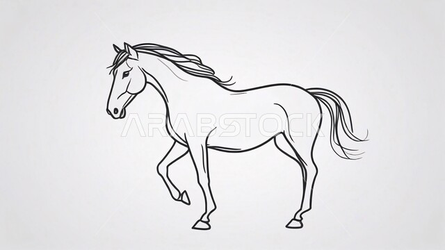 شغف الفروسية وركوب الخيل، رسم توضيحي بالأبيض والأسود لحصان عربي أصيل، مفهوم تربية وتدريب الأحصنة، اتباع تقاليد الاجداد في رعاية الخيول بالمملكة العربية السعودية, خلفية بيضاء
