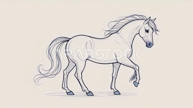 شغف الفروسية وركوب الخيل، رسم توضيحي بالأبيض والأسود لحصان عربي أصيل، مفهوم تربية وتدريب الأحصنة، اتباع تقاليد الاجداد في رعاية الخيول بالمملكة العربية السعودية, خلفية بيضاء
