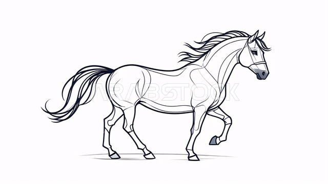 Passion for equestrianism and horse riding, black and white illustration of a purebred Arabian horse, concept of raising and training horses, following ancestral traditions in caring for horses in the Kingdom of Saudi Arabia, white background