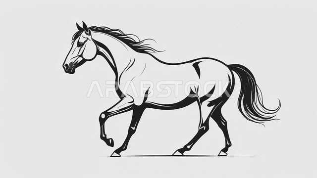 Passion for equestrianism and horse riding, black and white illustration of a purebred Arabian horse, concept of raising and training horses, following ancestral traditions in caring for horses in the Kingdom of Saudi Arabia, white background