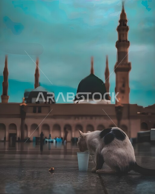 الفن الهندسي المعماري في البناء على الطراز العربي الإسلامي، أماكن إسلامية مقدسة، الساحة الخارجية المسجد النبوي الشريف في المدينة المنورة بالمملكة العربية السعودية، المعالم الدينية المشهورة، القبة الخضراء ومآذن مسجد النبي محمد